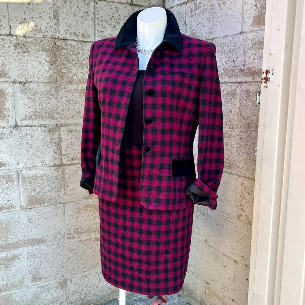 Vintage Jones New York Velvet Trim Plaid Lined Wool Skirt Suit Size 14 - Picture 1 of 13